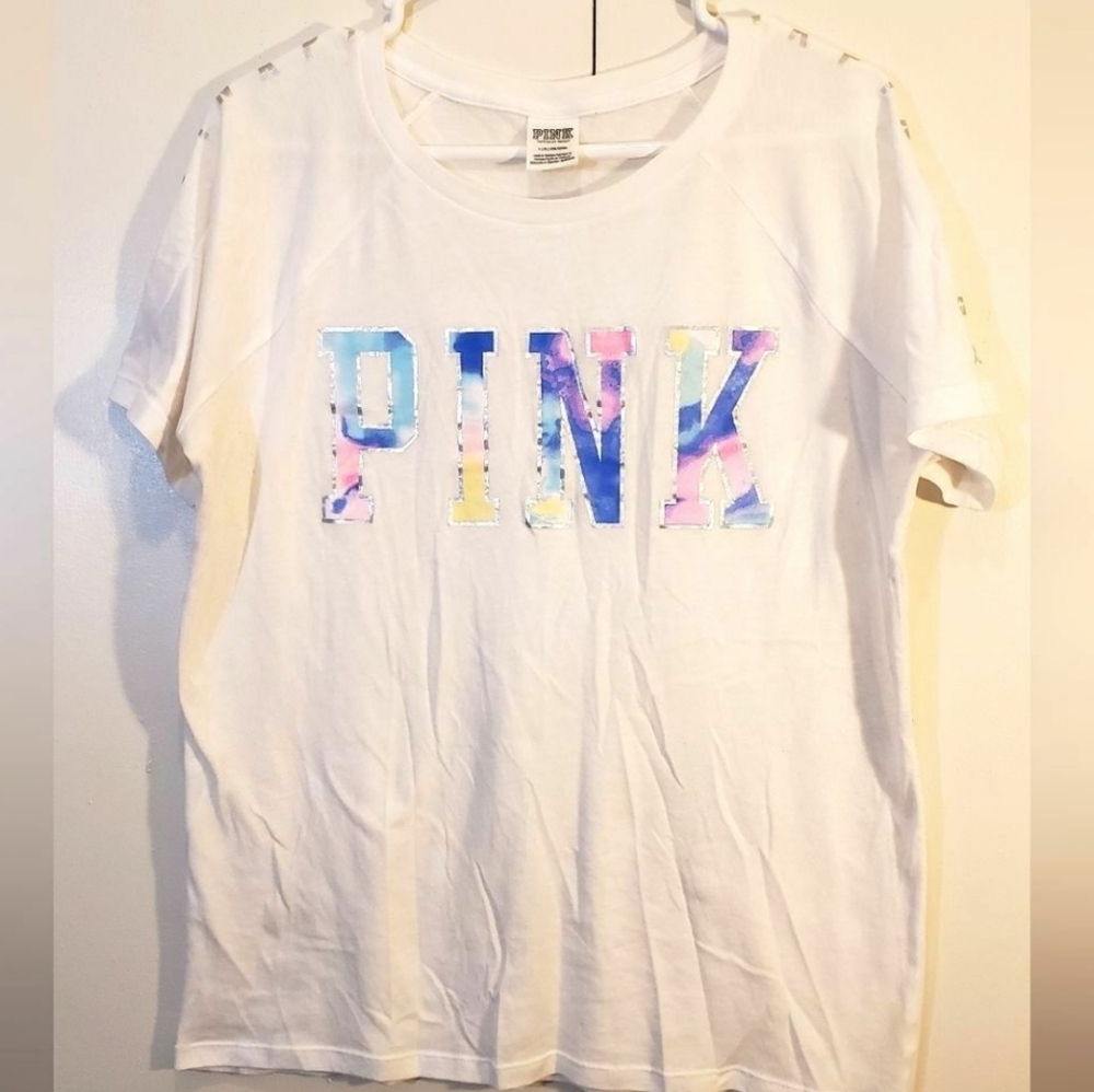 Victoria’s Secret PINK Large White Blue Watercolor Silver Holographic T-shirt - Picture 2 of 8